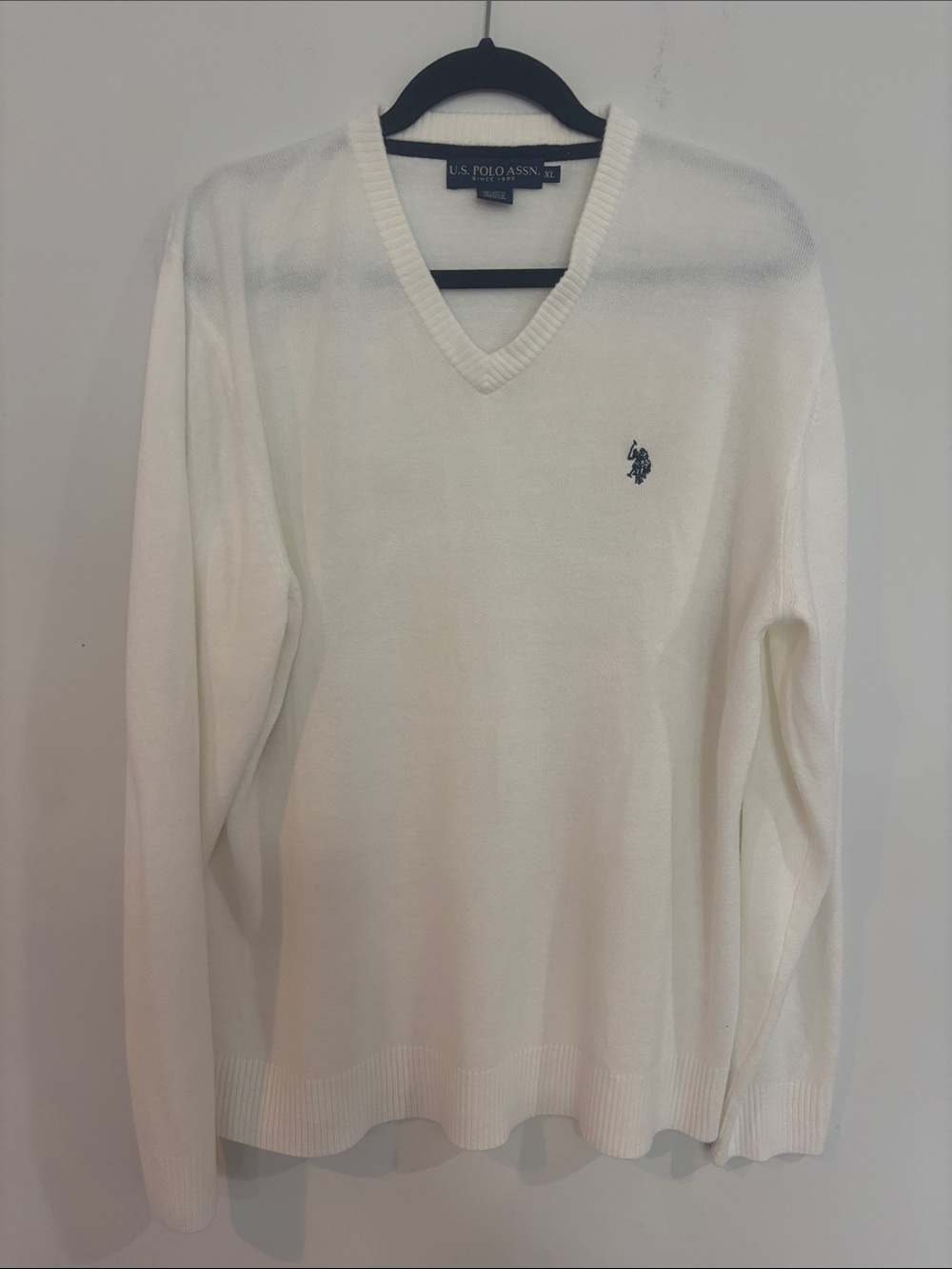 U.S. Polo Assn. Men's Cream V-Neck Sweater with Navy Logo